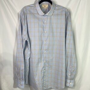 Penguin heritage, slim, fit cotton tan and blue plaid dress shirt.